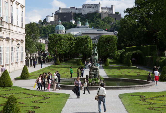 The Mirabell Gardens with a  view of the Festung, Hohensalzburg, in Salzburg, Austria.