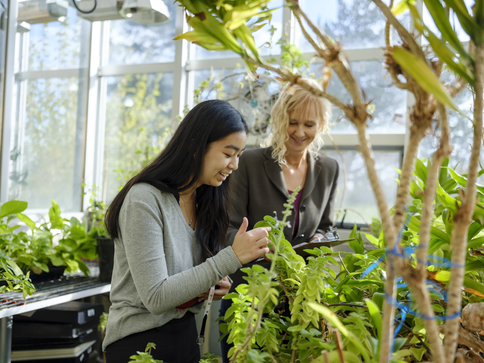 A student and instructor in a greenhouse looking at plants