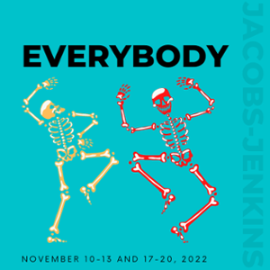 two dancing skeletons on a teal background with the title Everybody above