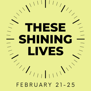 A black analog clock on a yellow background, Text across the image reads "These Shining Lives"