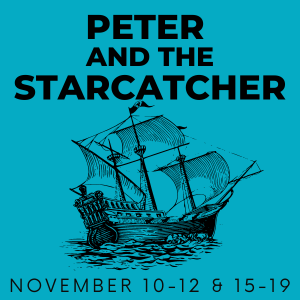 A black pirate ship on a teal background. Blank impact text states "Peter and the Starcatcher"