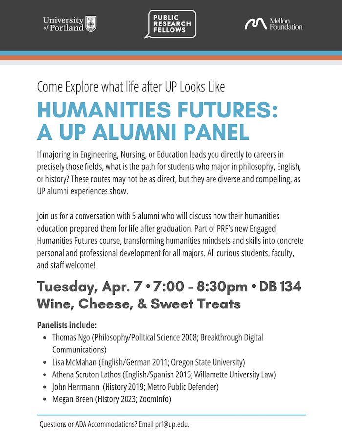Humanities Futures Alumni Panel Flyer.