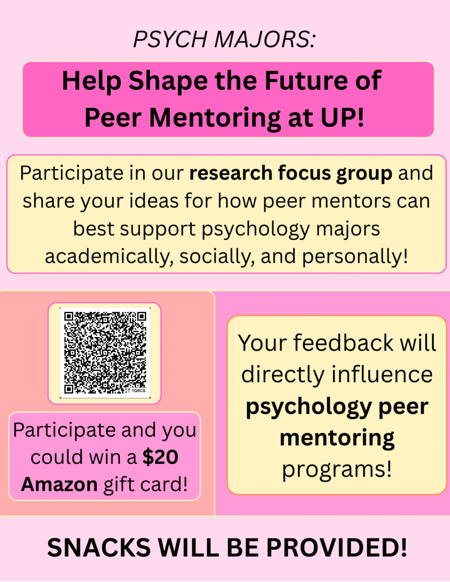 Help Shape the Future of Peer Mentoring at UP, participate in research focus group to share your ideas for how peer mentors can best support students. 